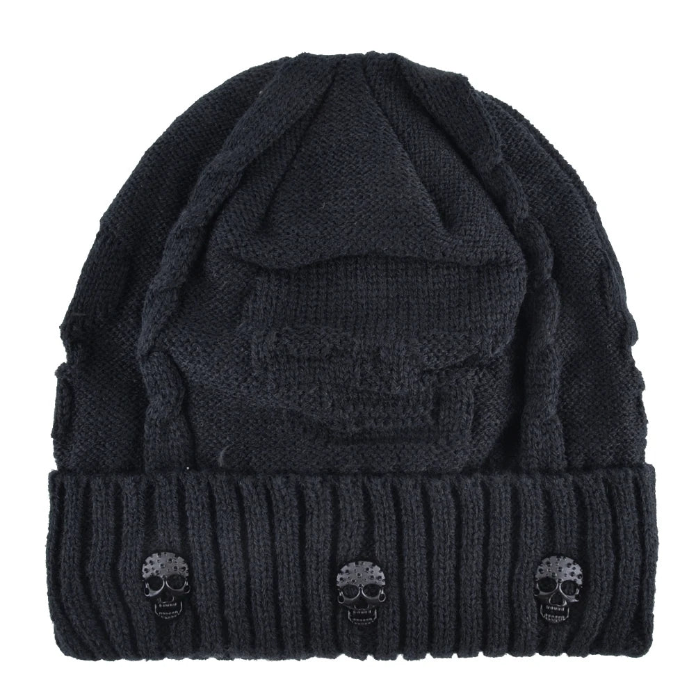 Winter Beanies Men Knitted Skull Pattern Solid Color Hat With Metal Skulls