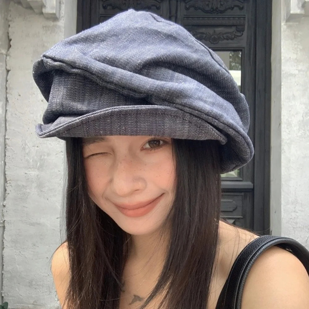 Vintage Japanese Denim Beret Cloth Cloud Octagonal Cap Big Head