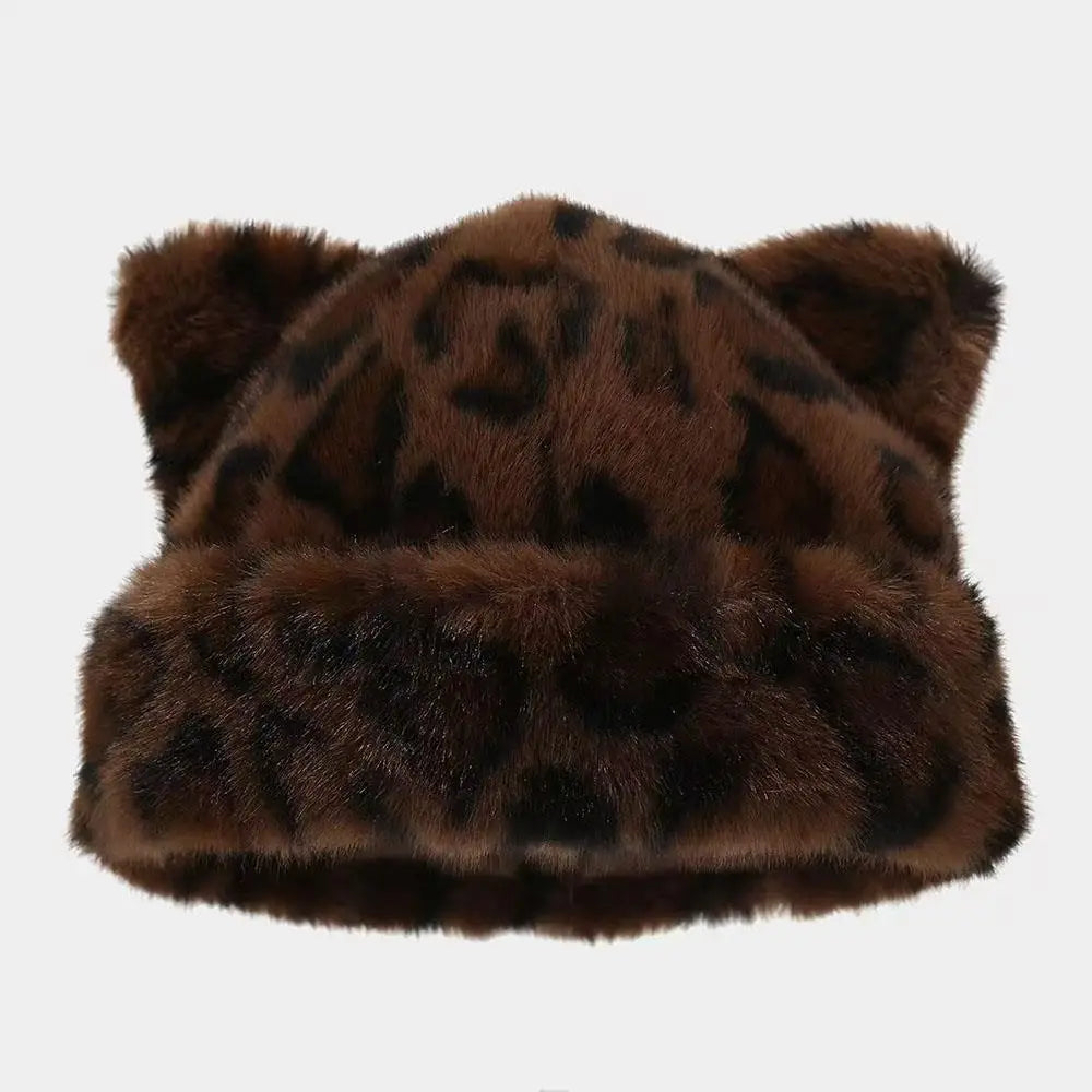 Winter Plush Teddy Bear Hat For Women Leopard Print Ear Protection Cap
