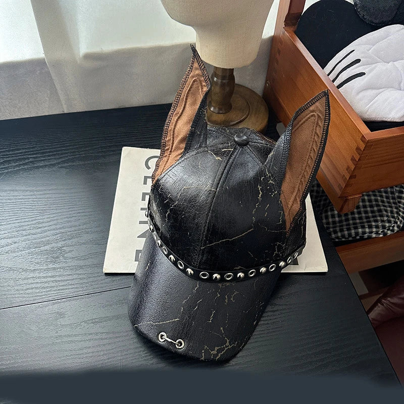 New Niche Punk Leather Rivet Dog Ears Baseball Caps Spring Autumn Men Women