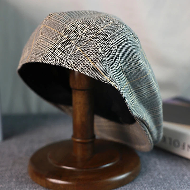 Gray Plaid Newsboy Hat Linen Cotton Women Men Ivy Cap