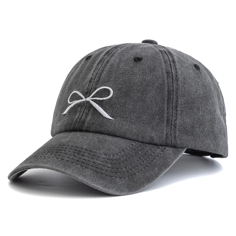 Women Washed Cotton Cap Bow Knot Embroidery Vintage Baseball Cap Female