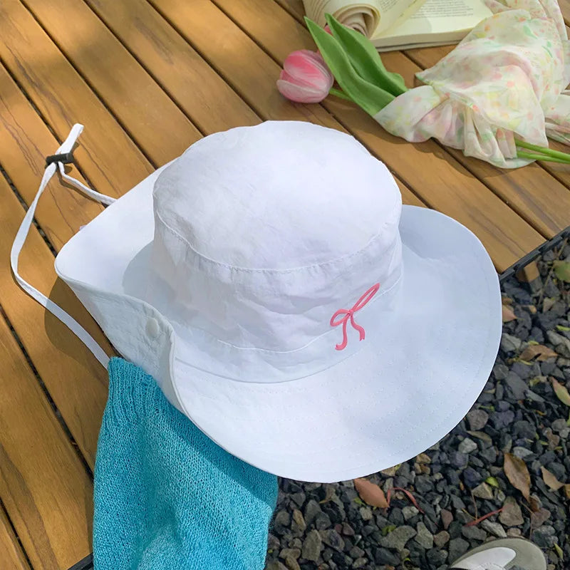 Bow Embroidery Women Quick Dry Bucket Hat Summer