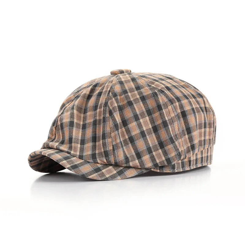 Checked Cloth Octagonal Cap Cotton Blends Plaid Men Casual Newsboy Caps