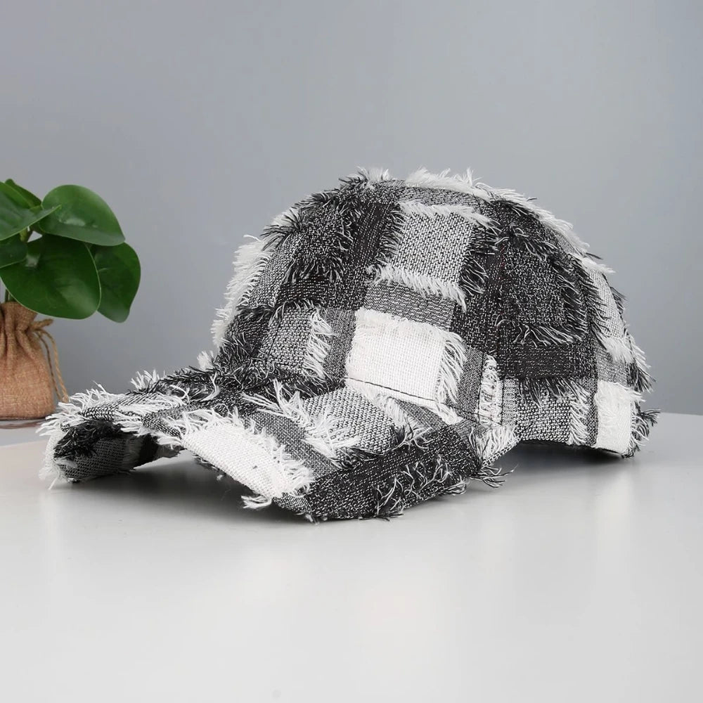 Full-Pattern Checked Fringed Distressed Denim Baseball Cap