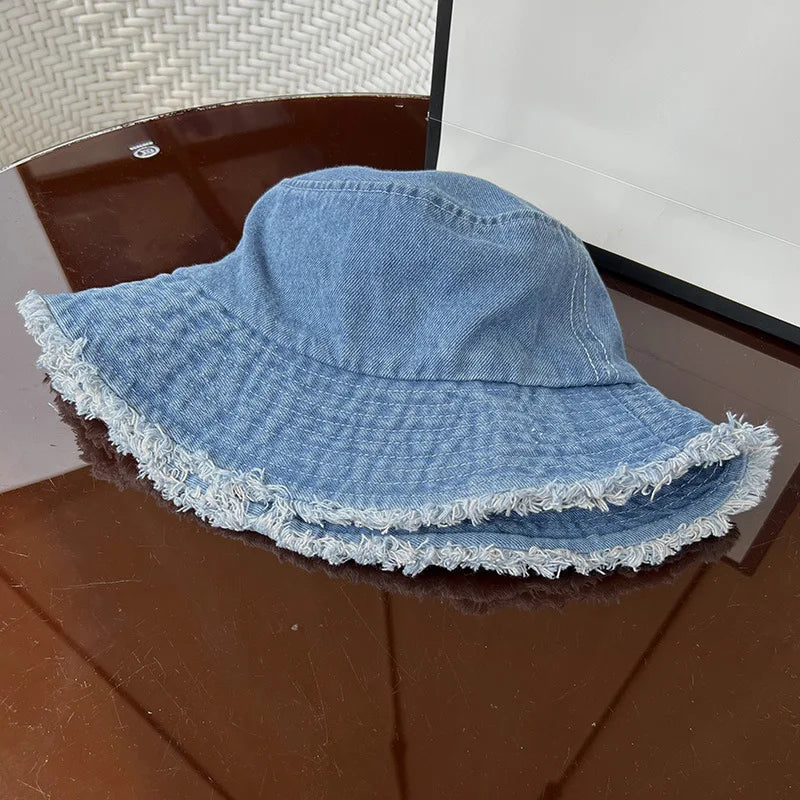 Vintage Denim Bucket Hat Distressed Frayed Brim