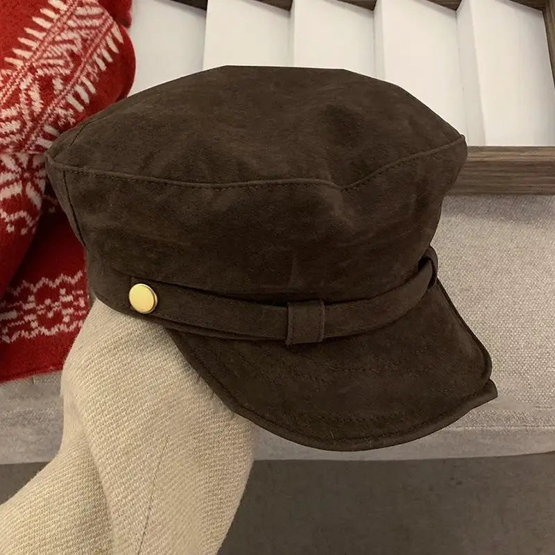 Retro Suede Beret Hat For Women Flat Top Newsboy Cap