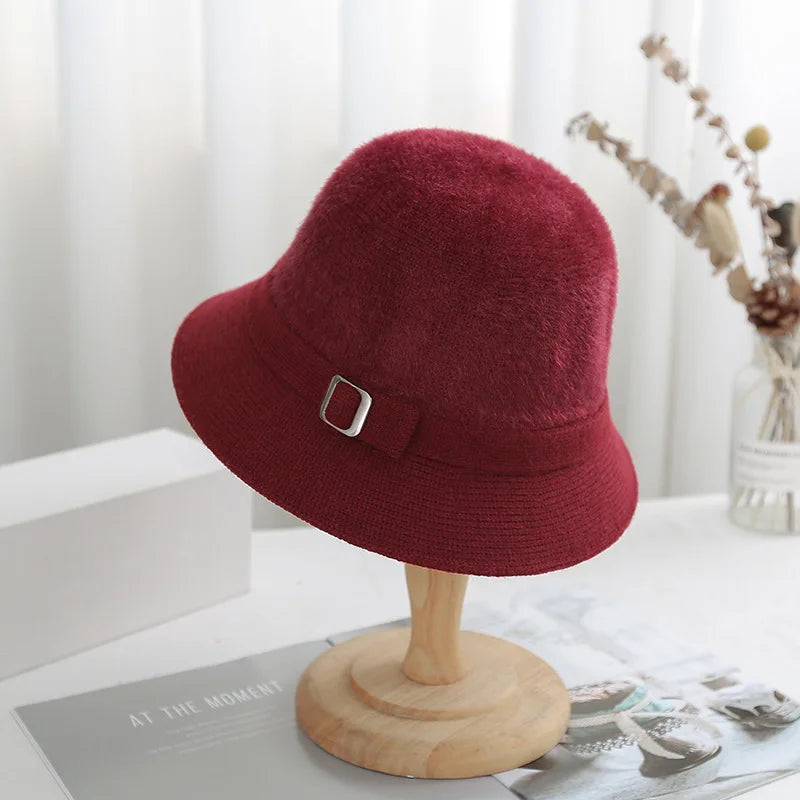 Women Knitted Bucket Hat Autumn Winter Solid Color