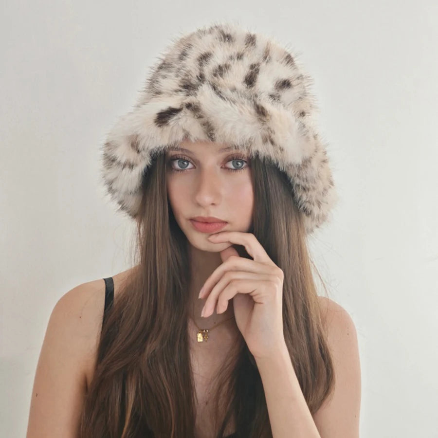 Women's Faux Fur Bucket Hat Leopard Print Soft Warm For Autumn Winter