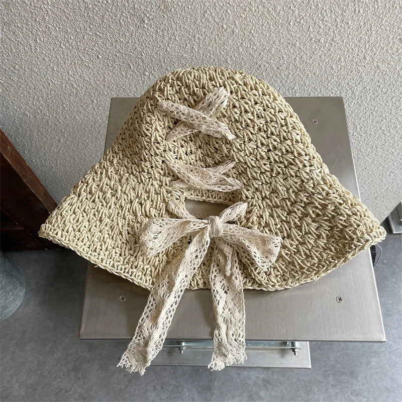 Straw Hat Women's Lace Bow Hollow Crochet Cap