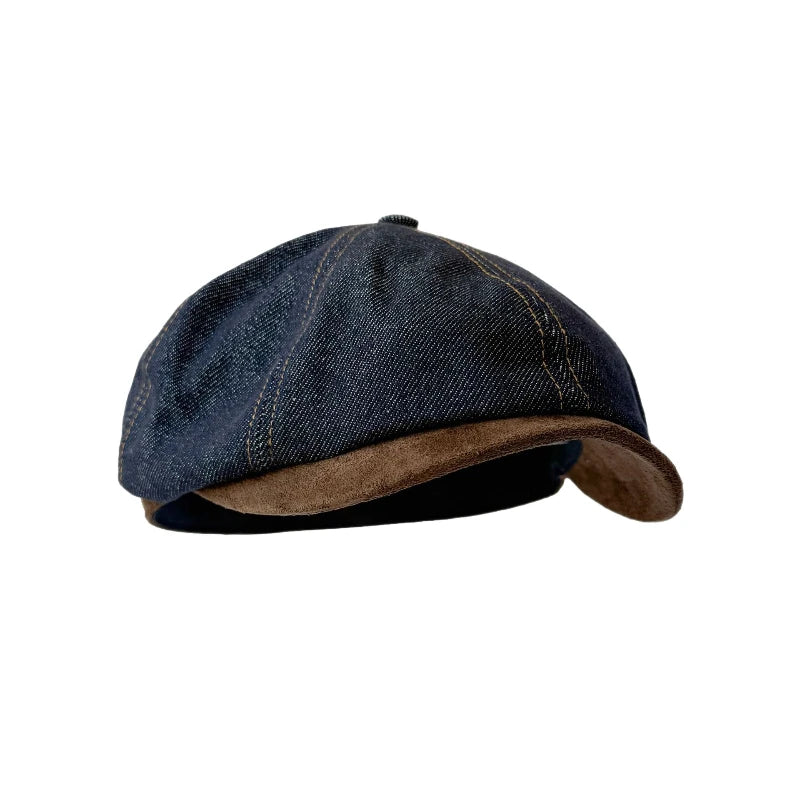 New Washed Distressed Vintage Denim Patchwork Beret Painter Hat