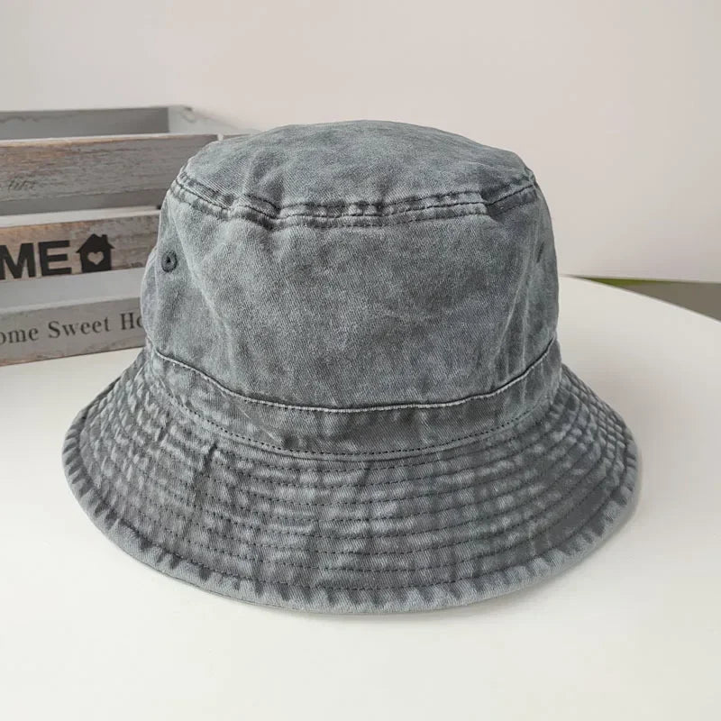 Korean Big Head Washed Denim Bucket Hats Men Cotton Sun Hat