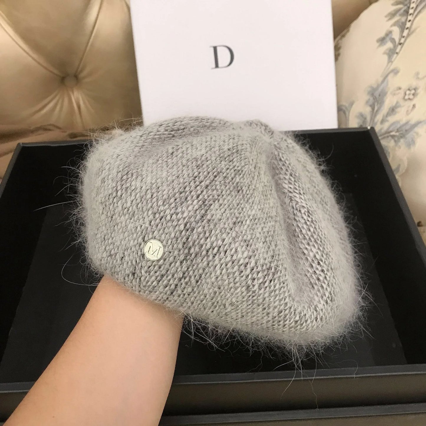 Angora Rabbit Fur Winter Women Knitted Beret Fashion Letter M