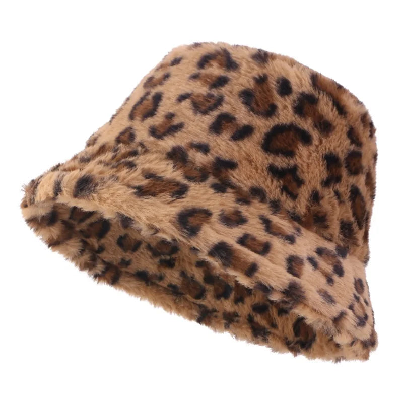 Autumn Winter Leopard Print Bucket Hat Thick Soft Warm Plush Fisherman Hat