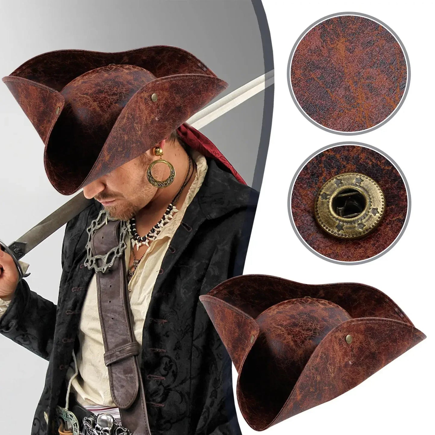 Faux Leather Pirate Hat Brown Captain Hat Vintage Button Masquerade Party Cosplay