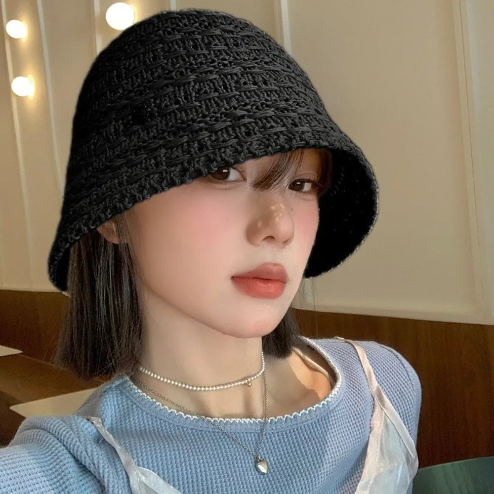 Fashion Summer Straw Sun Hat Wide Brim Hollow Straw Bucket Hat