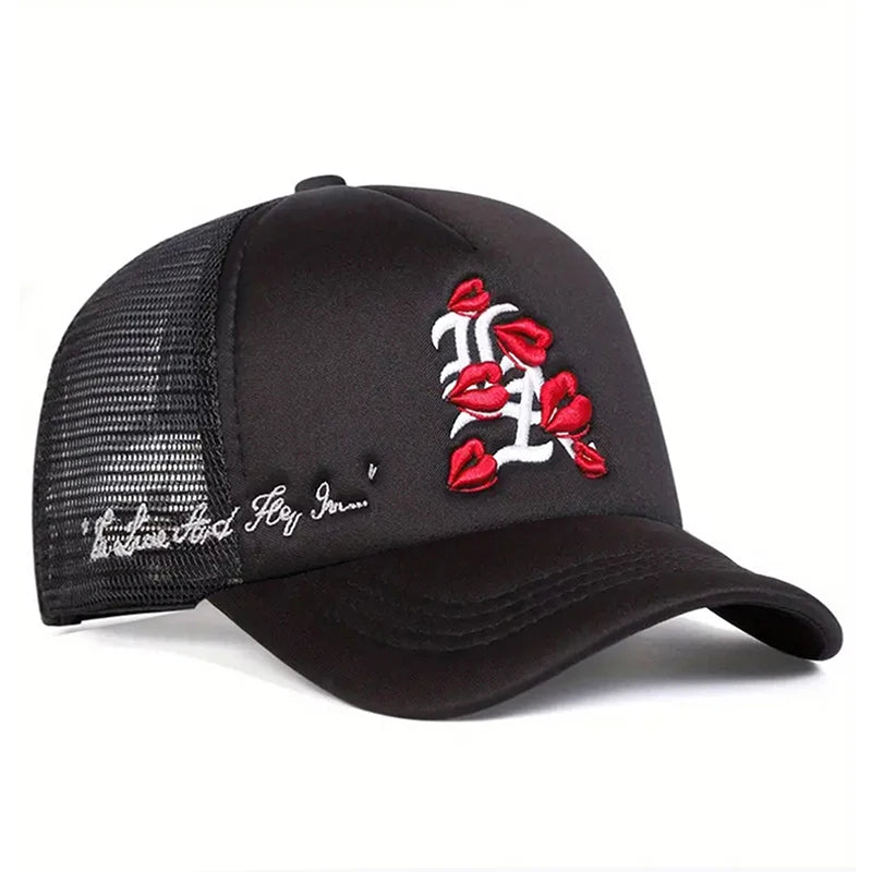 Fashionable Simple Baseball Hat LA Lipprint Embroidered Mesh Hat