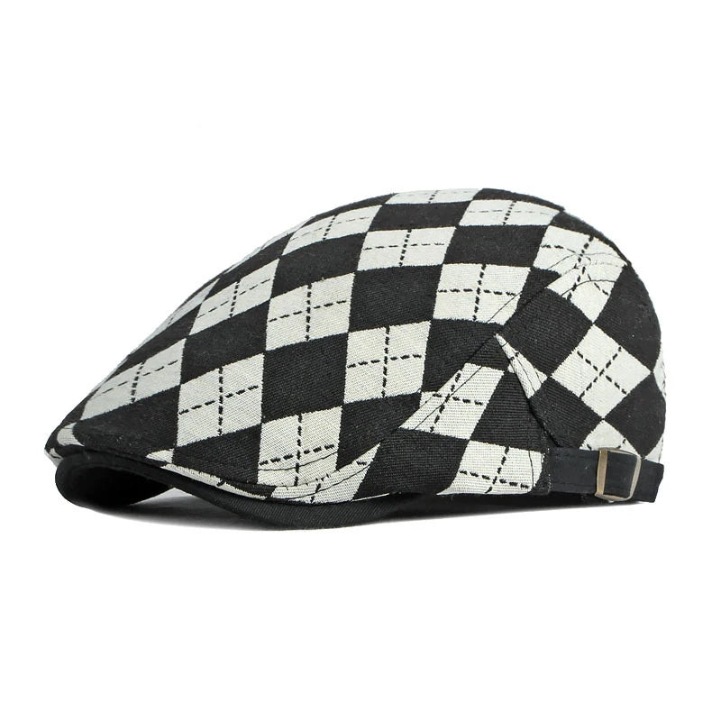 Spring Fall Men's Beret Hat Retro Plaid Herringbone Cap Forward Flat Peaked Cap