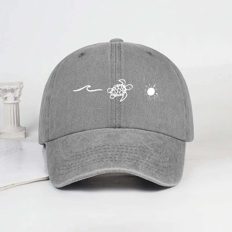 Retro Washed Baseball Cap With Wave Turtle and Sun Print Unisex Adjustable Dad Cap Summer Beach Sun Hat