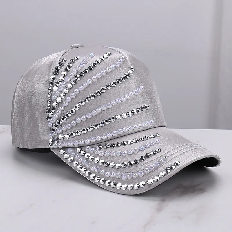 Satin Imitation Pearl Rhinestone Breathable Baseball Cap