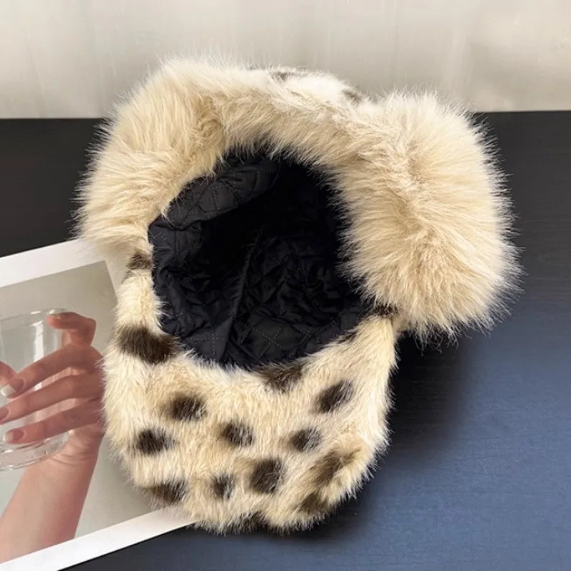 Y2K Personalized Leopard Print Plush Bomber Hats