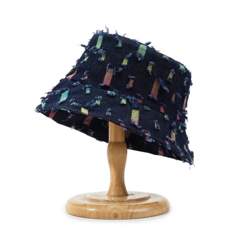 Fashion Women Men Washed Denim Ripped Bucket Hats