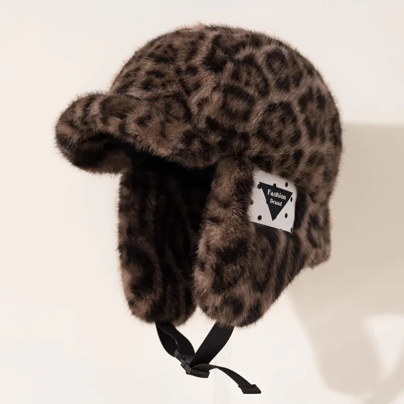 New Fashion Leopard Print Plush Bomber Hats Women