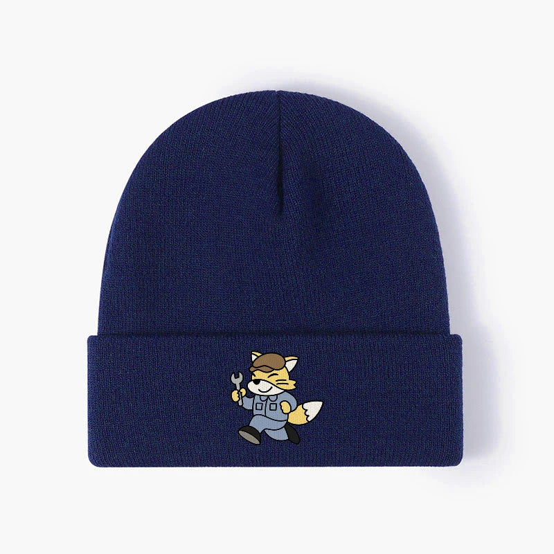 Cute Mechanic Fox Knit Beanie Hat Warm Cuffed Winter Skull Cap