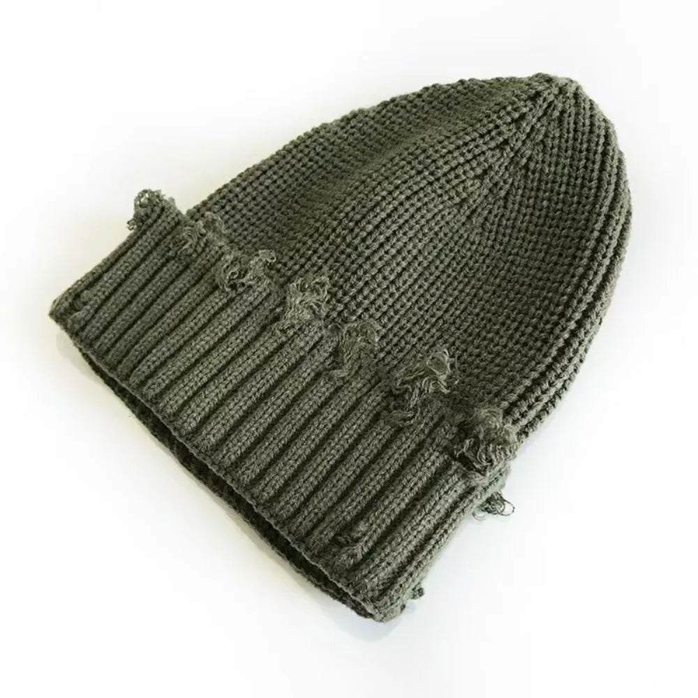 New Dilapidated Hole Knitted Hat Solid Color Ear Protection Warm Cap