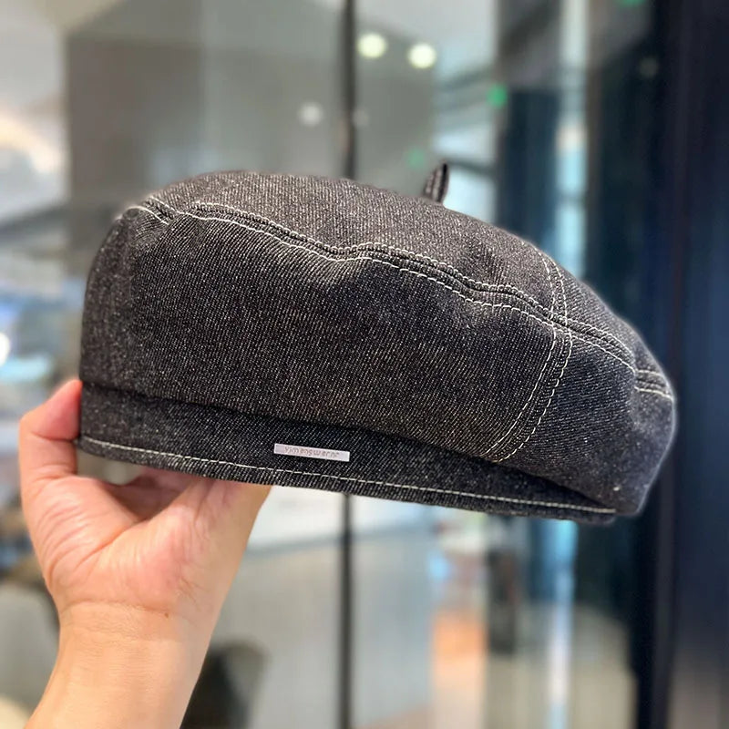 New Denim Beret Hat For Women Vintage Washed Blue Jeans