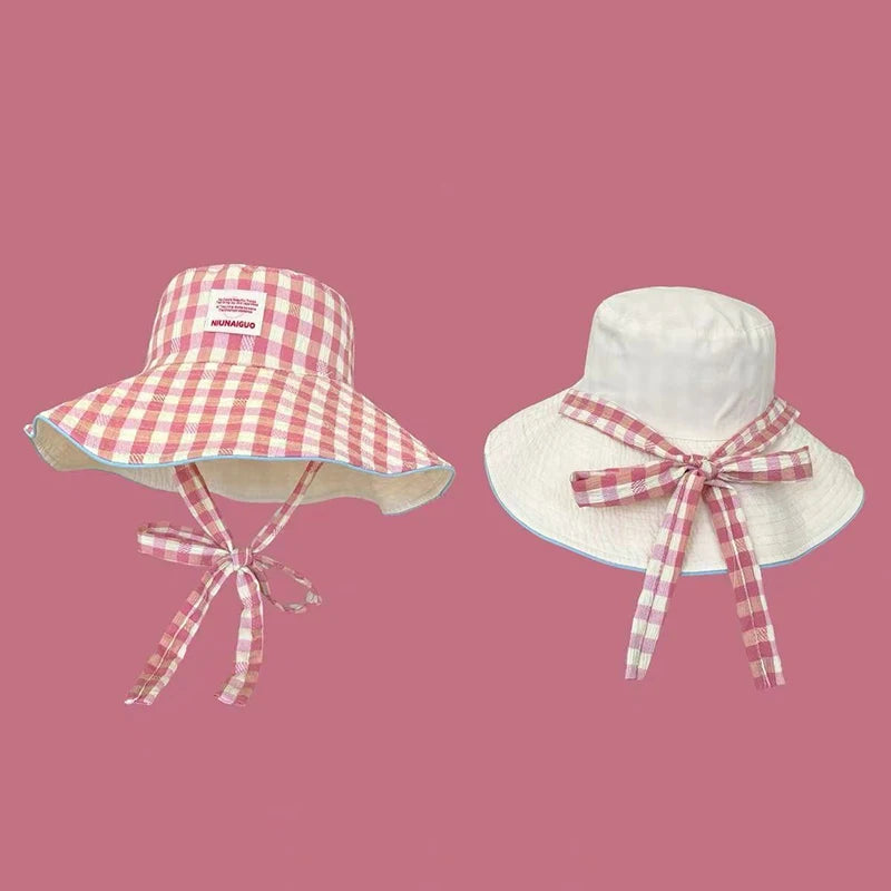 Double-Sided Plaid Wide Edged Lace-Up Bucket Hat