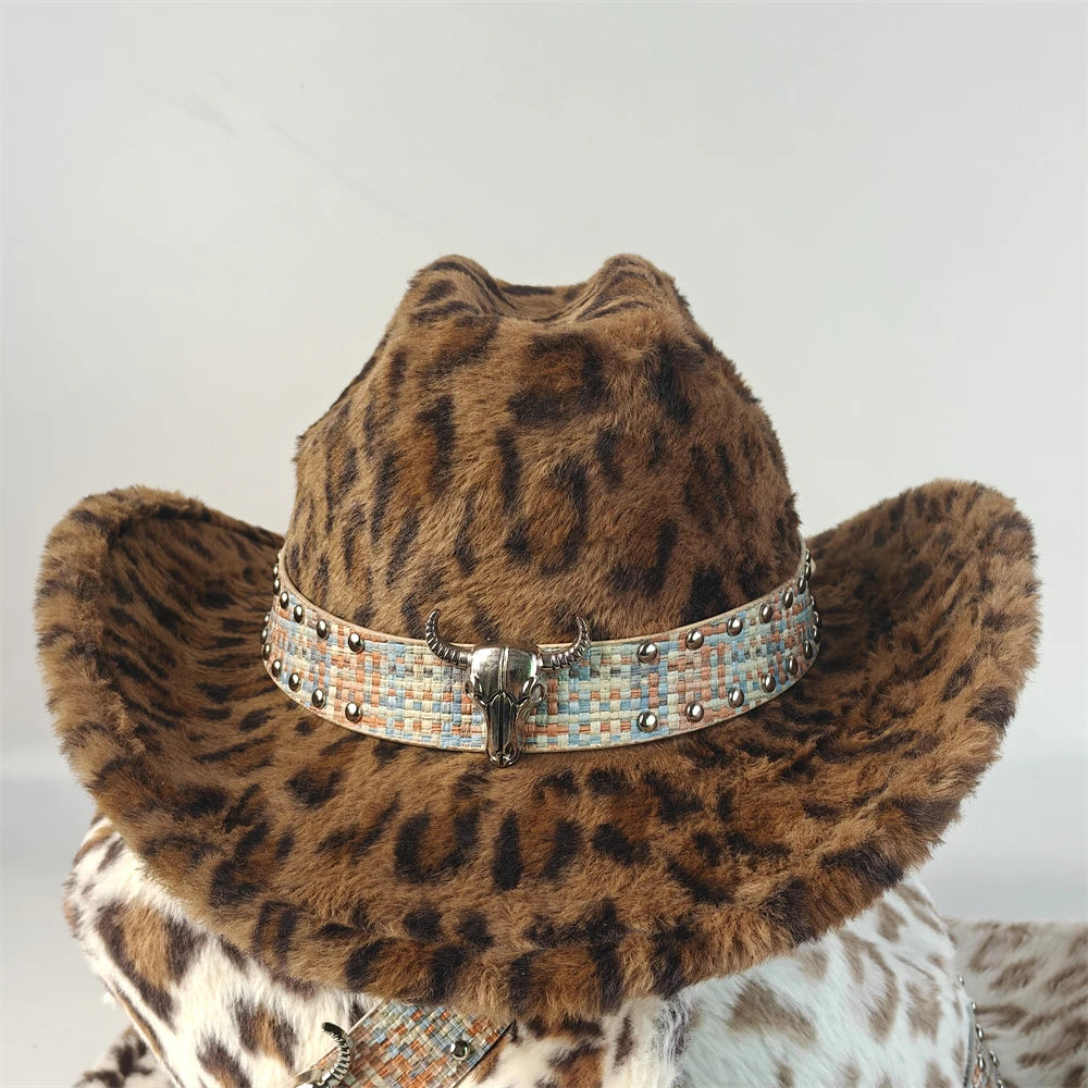 Leopard Print Rabbit Fur Western Cowboy Fedora Hat
