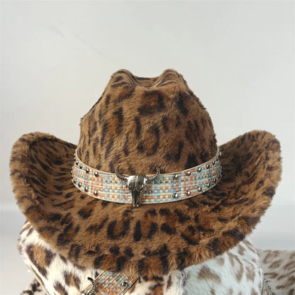 Leopard Print Rabbit Fur Western Cowboy Fedora Hat