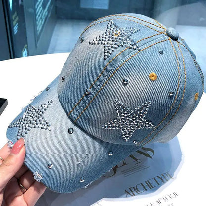 Women Punk Shiny Rhinestone Denim Baseball Cap