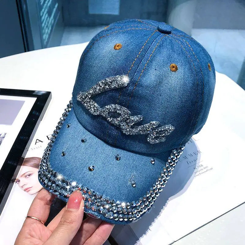 Women Punk Shiny Rhinestone Denim Baseball Cap