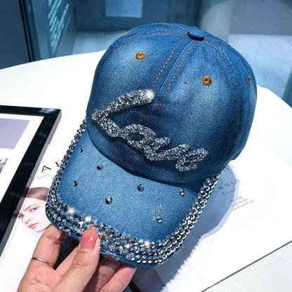 Women Punk Shiny Rhinestone Denim Baseball Cap