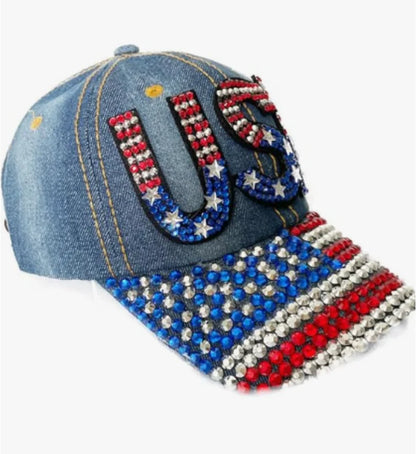 Unisex American Flag Baseball Cap, Denim Distressed Rhinestone Cap
