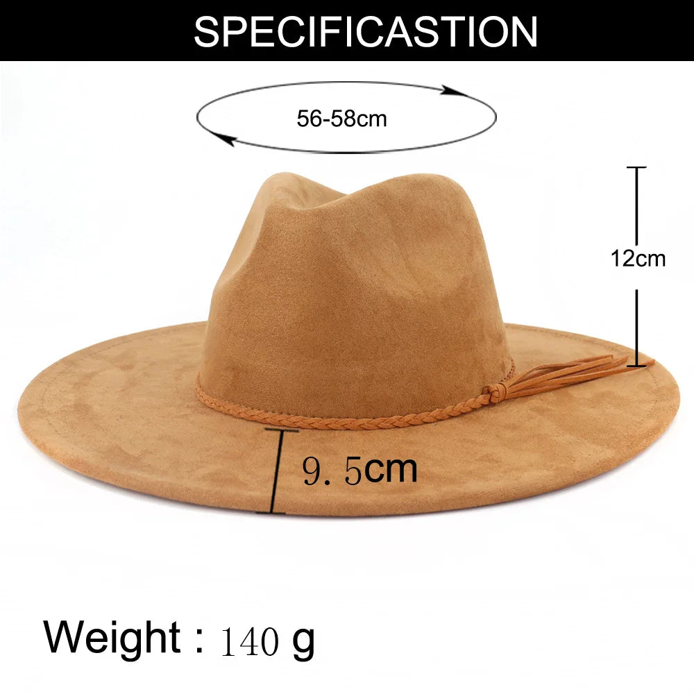 Vegan Suede Hat Teardrop Shape 9.5cm Wide Brim Fedora Hat Men's And Women's