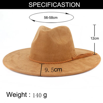 Vegan Suede Hat Teardrop Shape 9.5cm Wide Brim Fedora Hat Men's And Women's