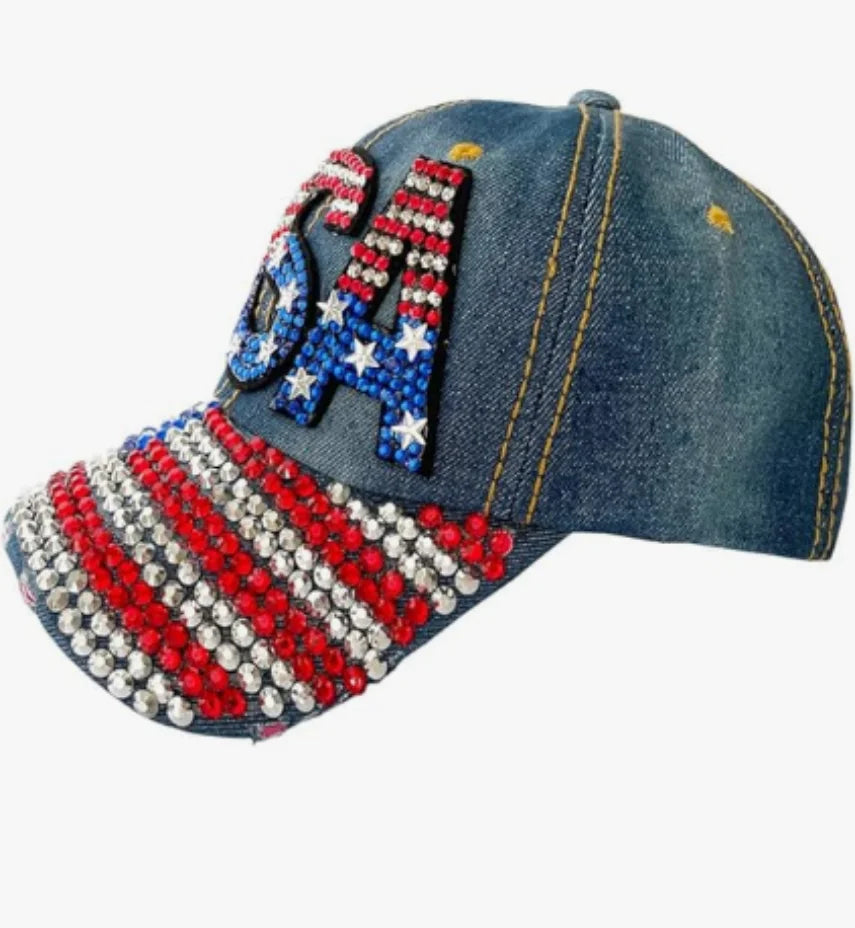 Unisex American Flag Baseball Cap, Denim Distressed Rhinestone Cap