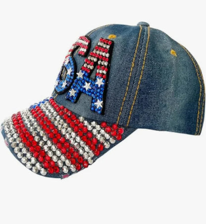 Unisex American Flag Baseball Cap, Denim Distressed Rhinestone Cap