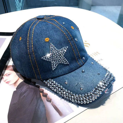 Women Punk Shiny Rhinestone Denim Baseball Cap
