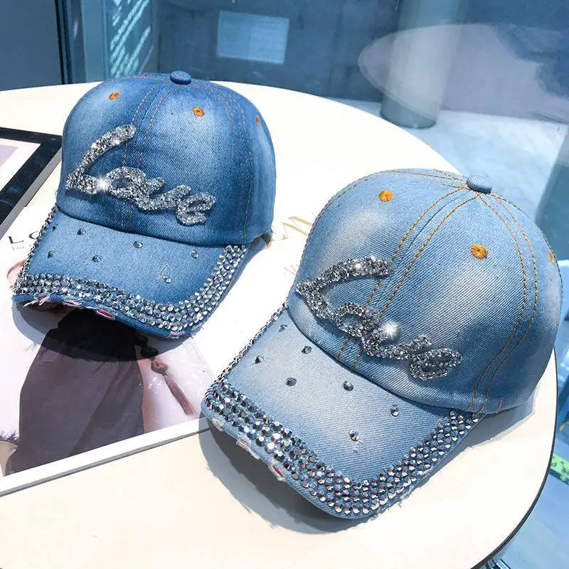 Women Punk Shiny Rhinestone Denim Baseball Cap