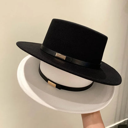 French Fedora Women Wide Brim Soft Fedora Canotier Hat Flat Top Fedora Jazz Hat