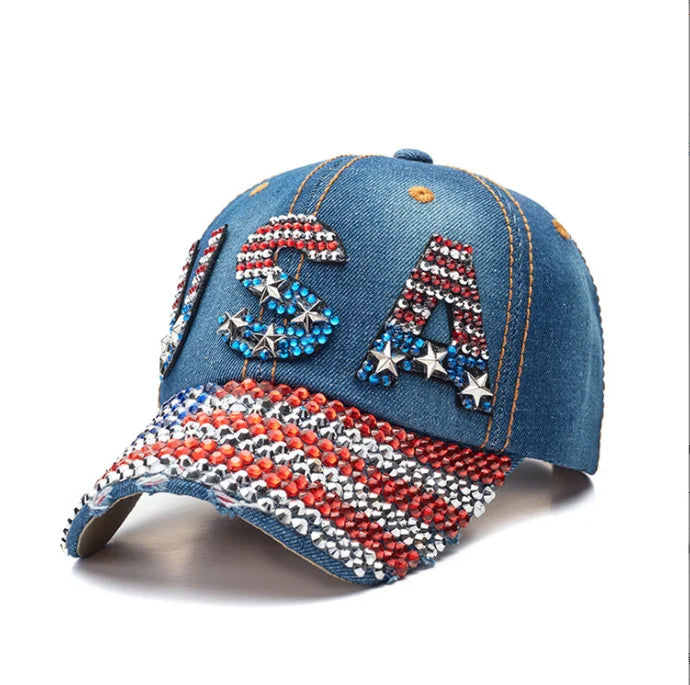 Unisex American Flag Baseball Cap, Denim Distressed Rhinestone Cap