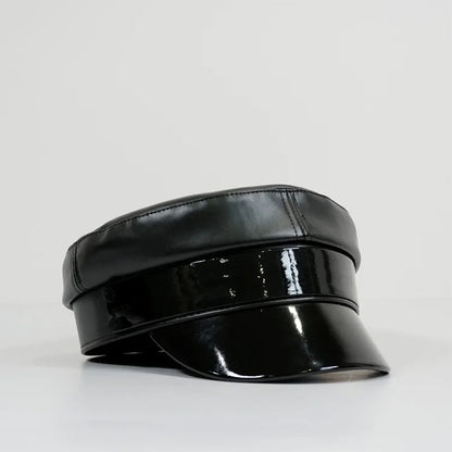 PU Leather Newsboy Caps Flat Top Navy Cap