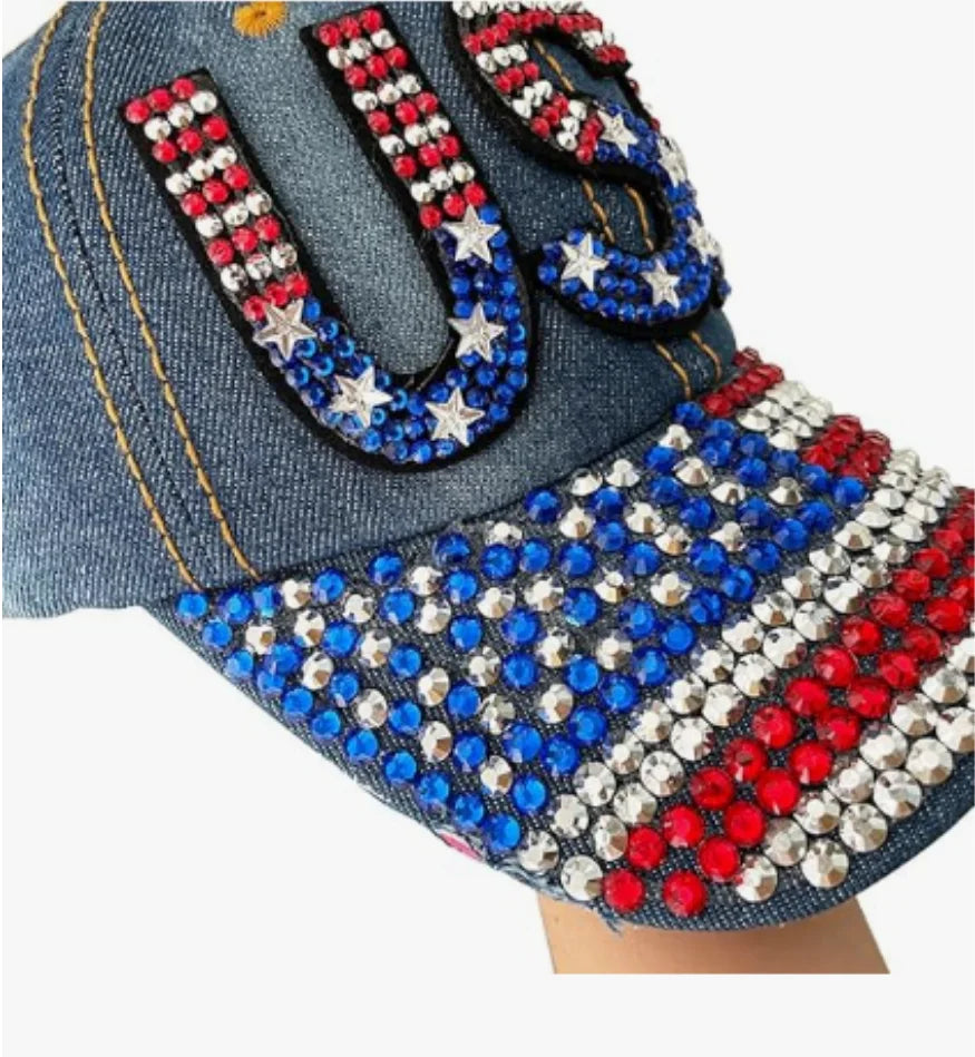 Unisex American Flag Baseball Cap, Denim Distressed Rhinestone Cap