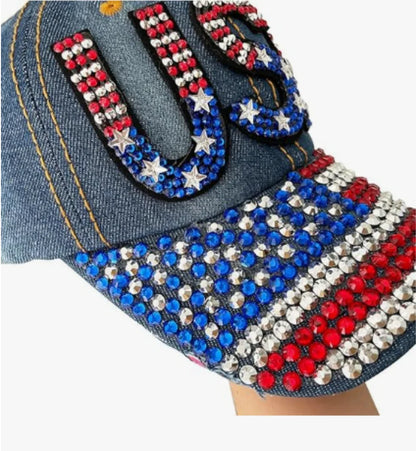 Unisex American Flag Baseball Cap, Denim Distressed Rhinestone Cap