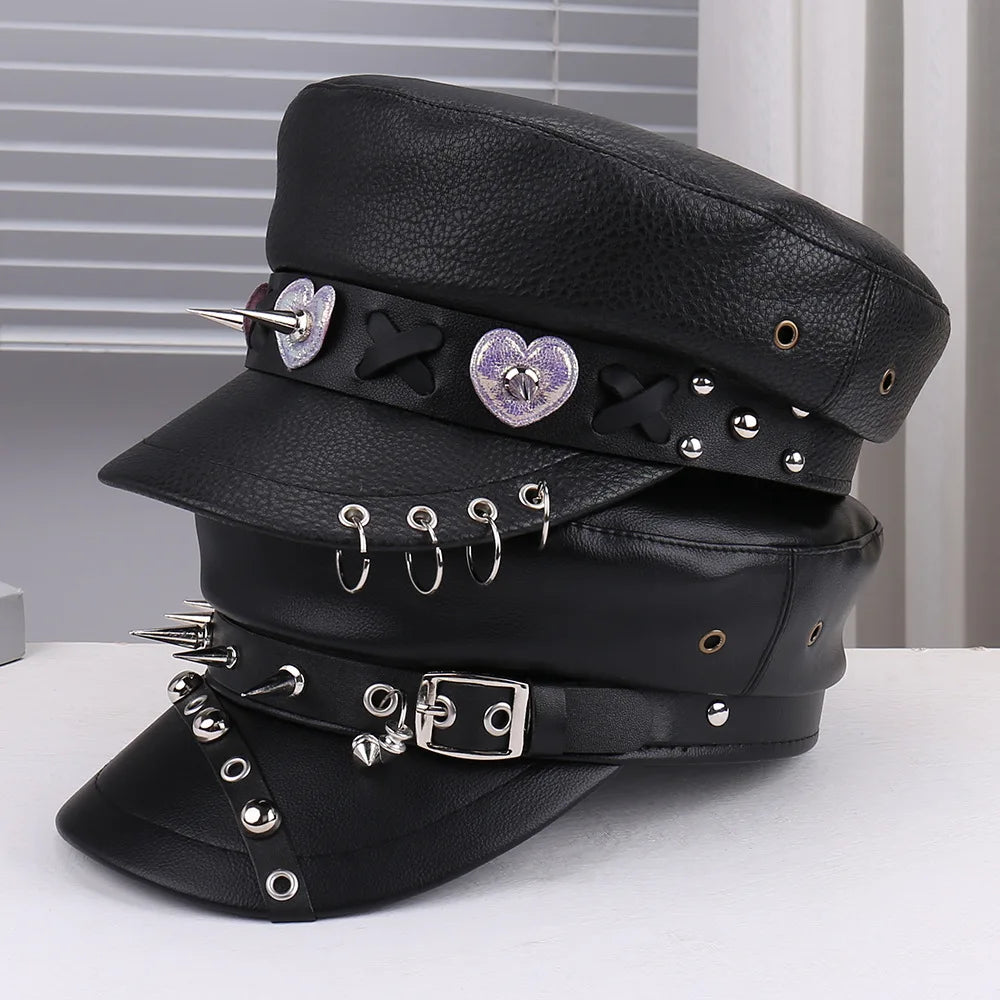 Unisex Rivet Hat Y2K Punk PU Leather Rivets Hat