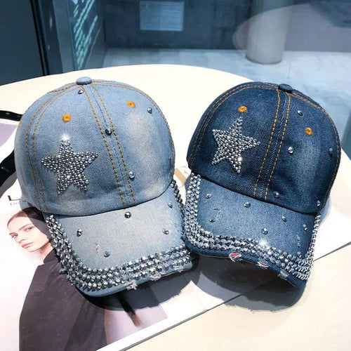 Women Punk Shiny Rhinestone Denim Baseball Cap